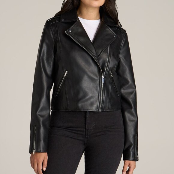 American Tall Jackets & Blazers - American Tall Cropped True Touch Leather Moto Jacket for Tall Women in Black Siz